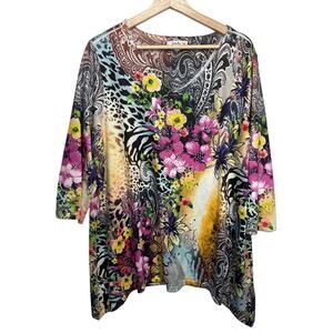 Soleillee Floral Embellished Knit Tunic Top Colorful Artsy Sz 1X Boho Lagenlook
